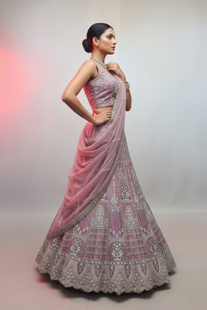 Mustard Shimmer Net Bridal Lehenga Choli with Heavy Zari & Sequin Embroidery