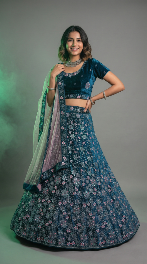 blue Velvet Lehenga Choli with Heavy Floral Embroidery & Net Dupatta