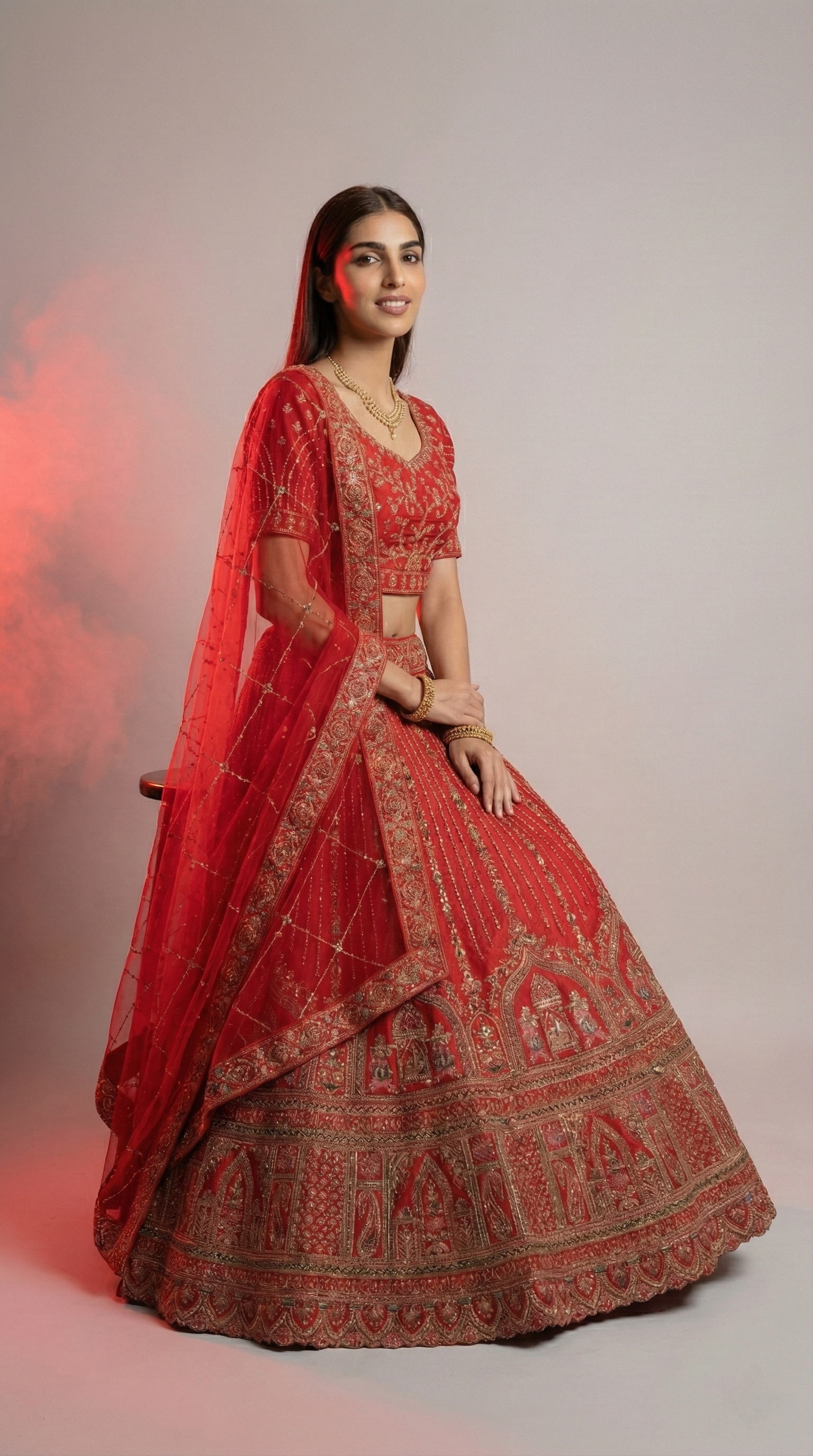 Red Bridal Lehenga Choli with Heavy Gold Embroidery & Net Dupatta – Wedding Wear Lehenga Set