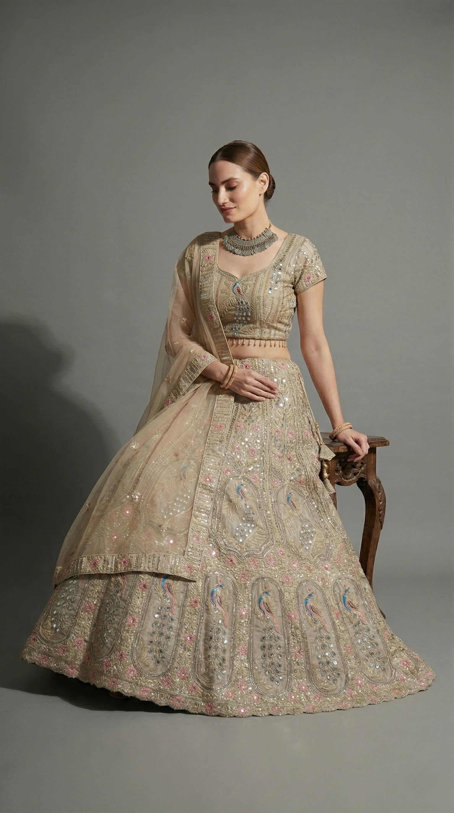 Ivory Gold Peacock Embroidered Lehenga Choli with Net Dupatta –Festive Wear