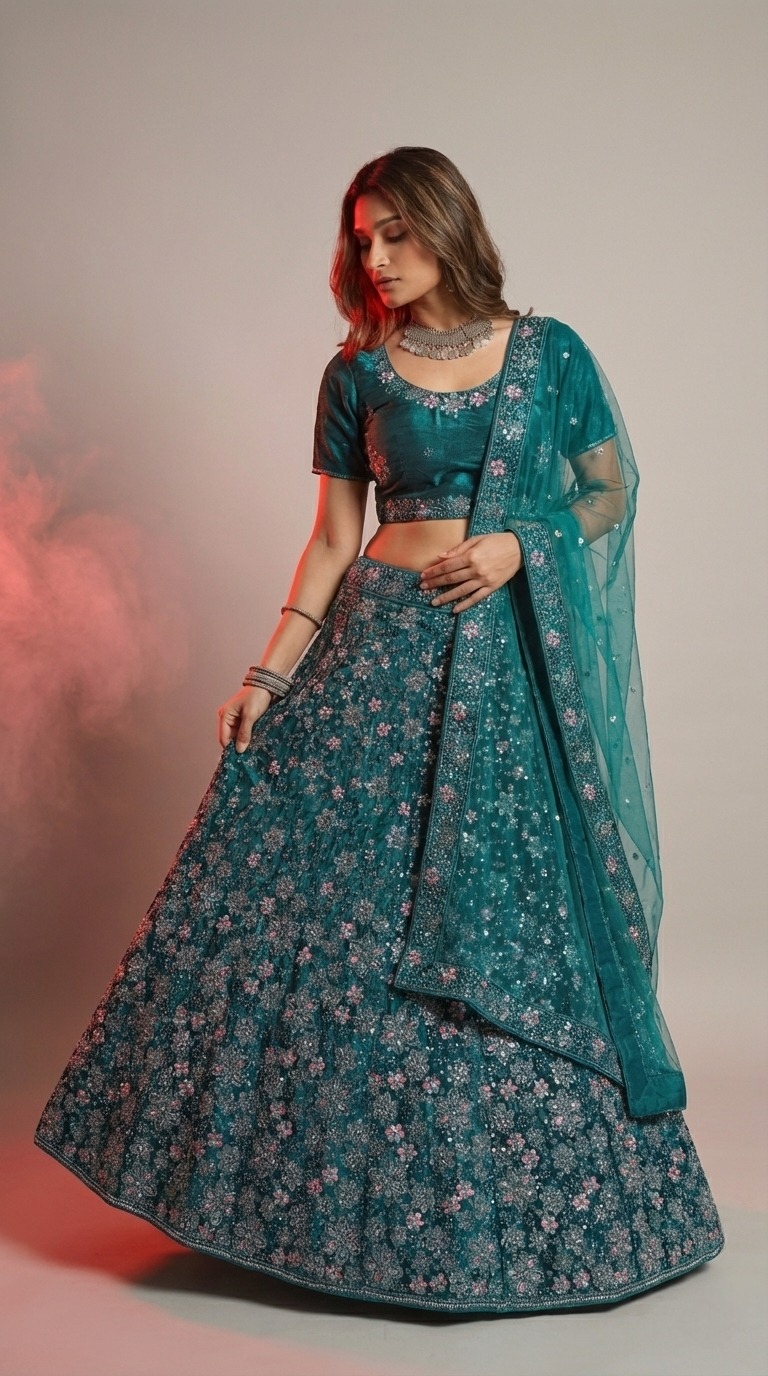 blue Velvet Lehenga Choli with Heavy Floral Embroidery & Net Dupatta