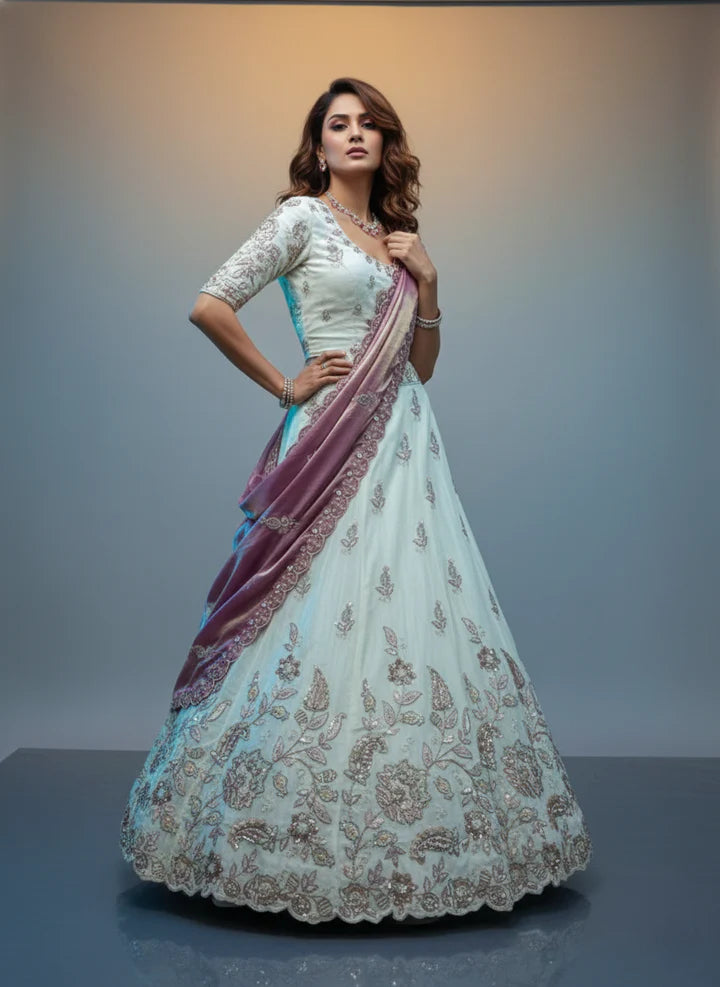Ivory Embroidered Lehenga Choli with Mauve Silk Dupatta | Bridal & Festive Designer Lehenga
