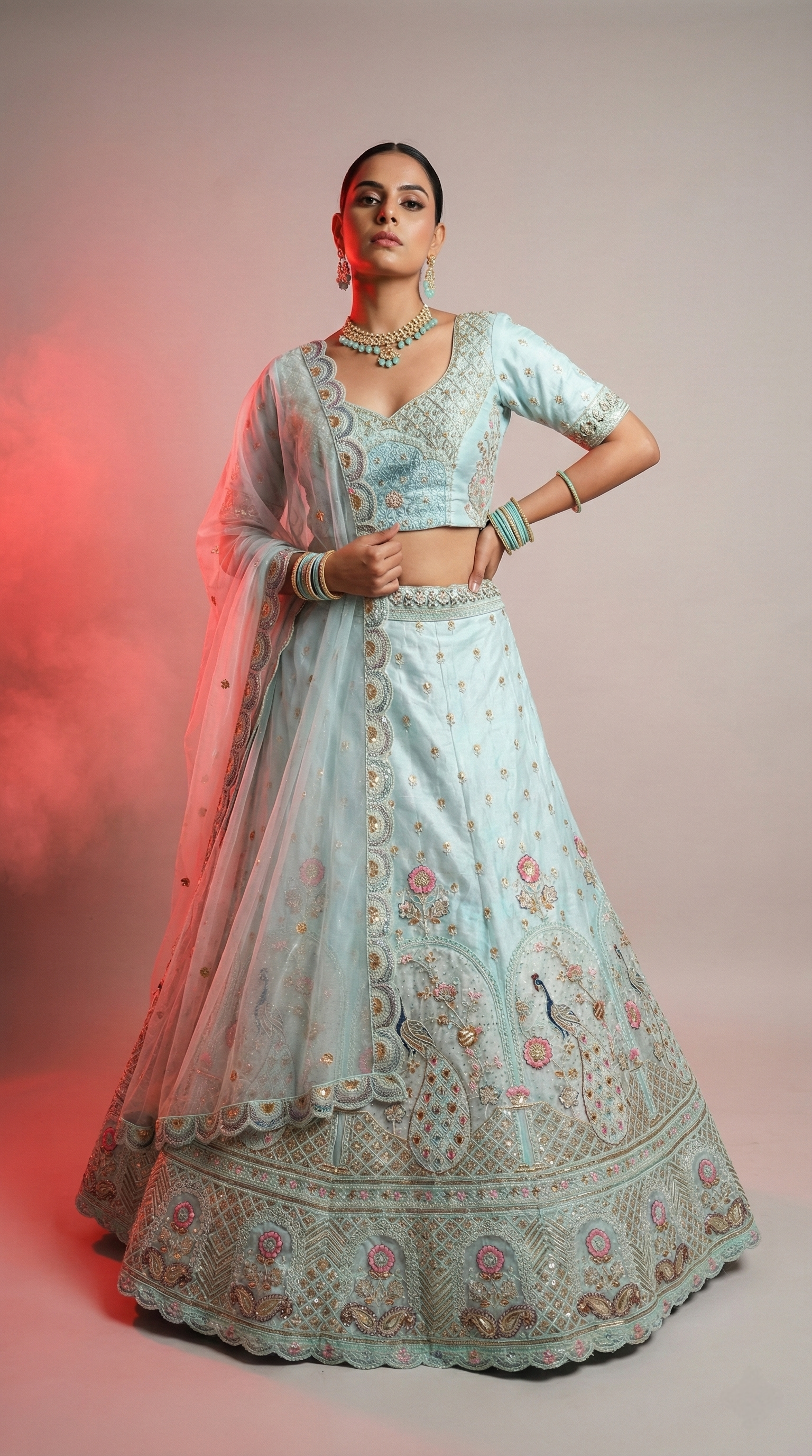 Pastel Aqua Blue Embroidered Lehenga Choli with Net Dupatta,Festive Wear