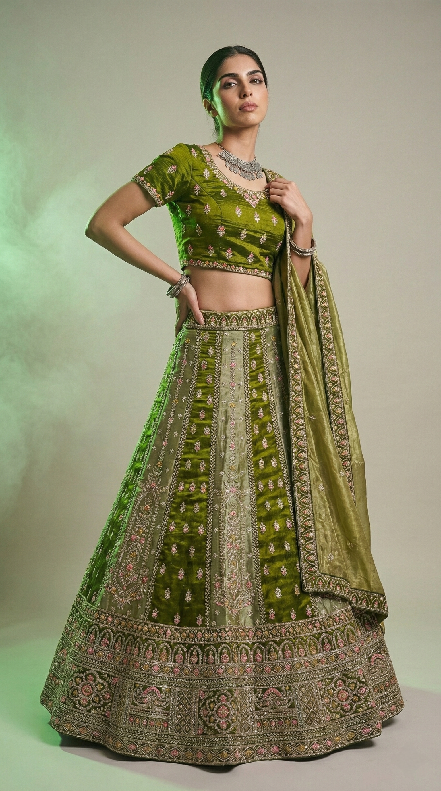 Olive Green Embroidered Silk Lehenga Choli with Matching Dupatta