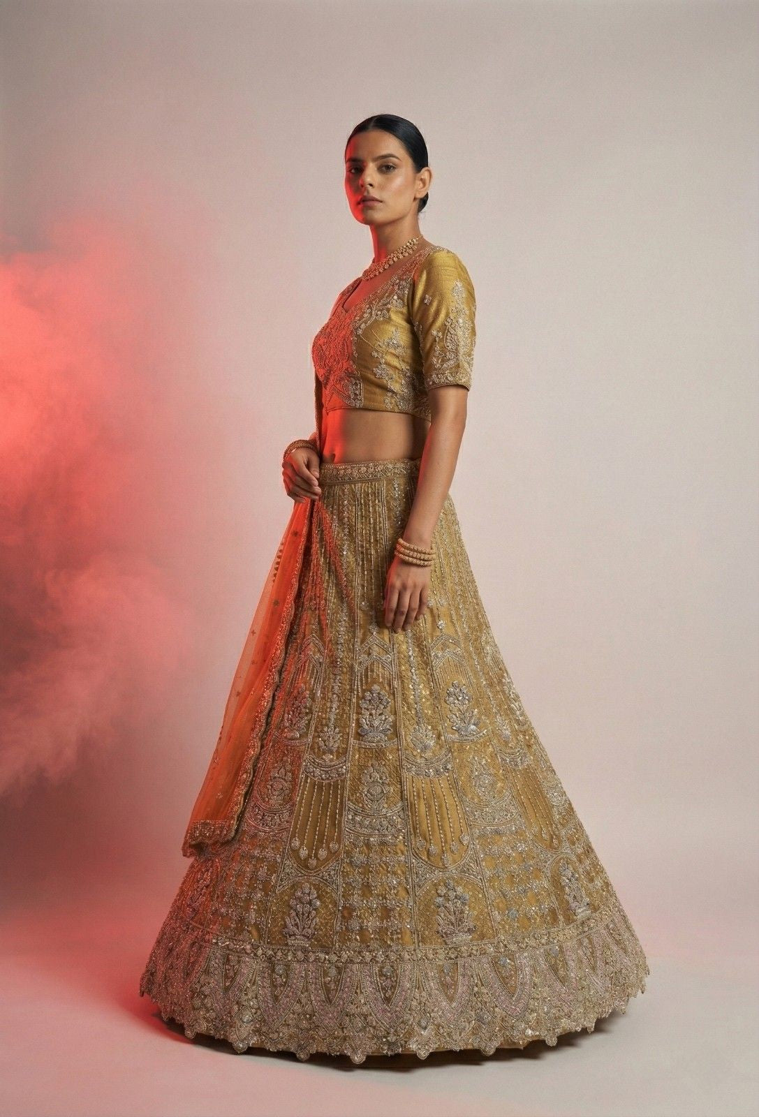 Mustard Shimmer Net Bridal Lehenga Choli with Heavy Zari & Sequin Embroidery