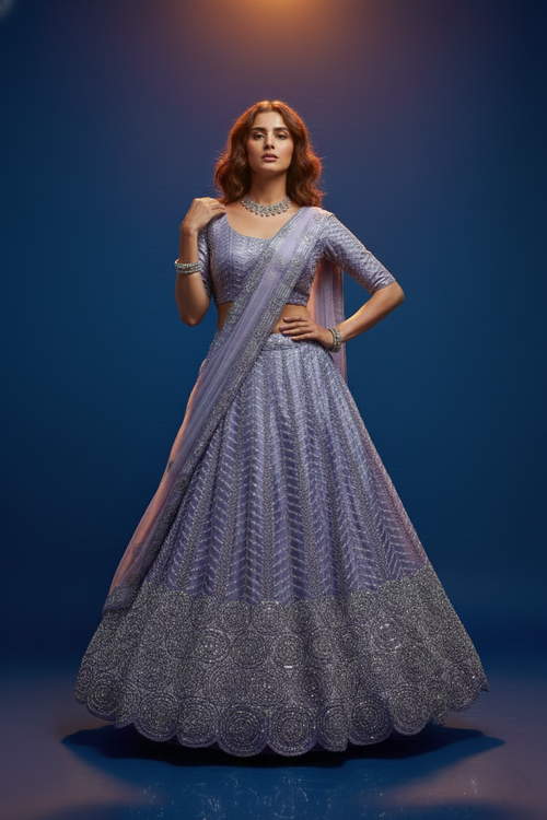 Lavender Embroidered Lehenga Choli with Mirror Work Dupatta – Bridal & Festive Wear