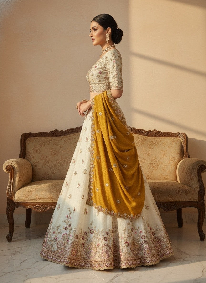 Ivory Viscose Tissue Lehenga with Mustard Fendi Dupatta – Fully Stitched Designer Festive Wear