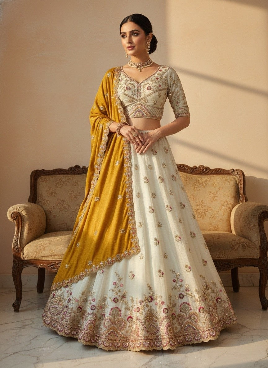 Rama Green Embroidered Lehenga Choli Set with Contrast Dupatta | Full Stitched Festive, Wedding & Party Wear Lehenga for Women