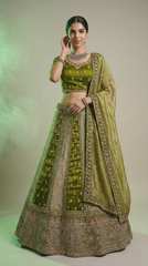 Olive Green Embroidered Silk Lehenga Choli with Matching Dupatta