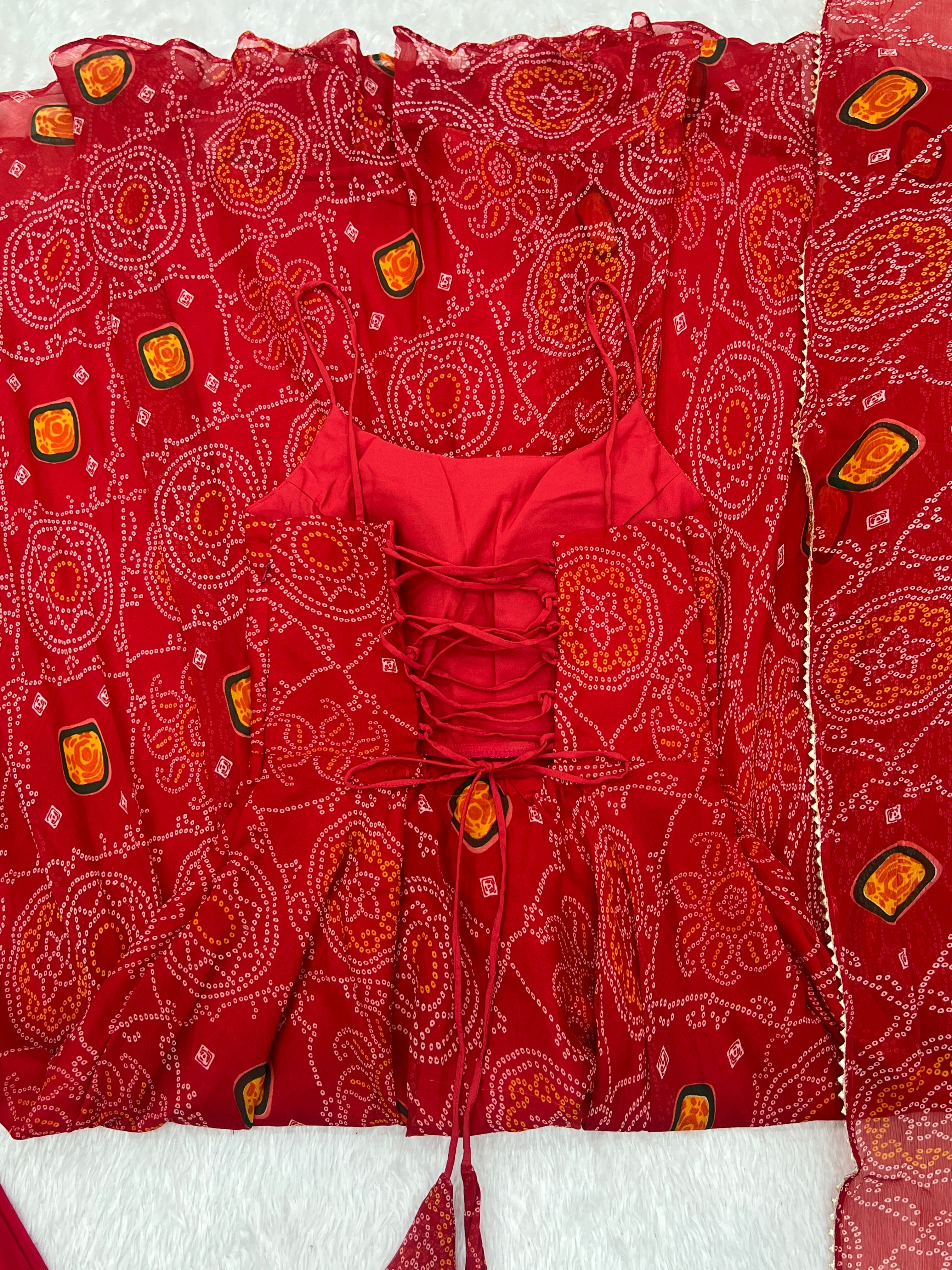 Elegant Green Bandhej Chiffon Kurta Set with Dupatta for Women | Festive & Party Wear 3 Piece Set