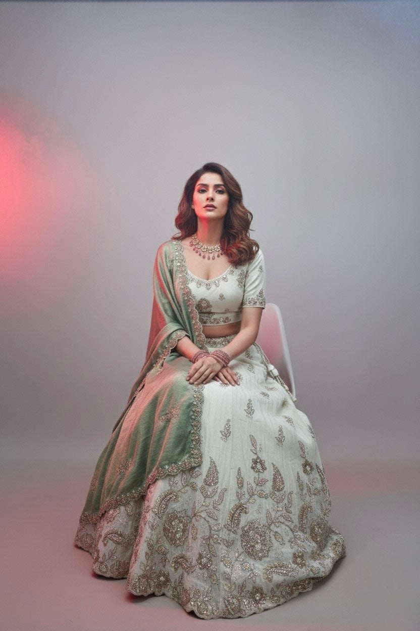Ivory Embroidered Lehenga Choli with Mauve Silk Dupatta – Bridal & Festive Wear
