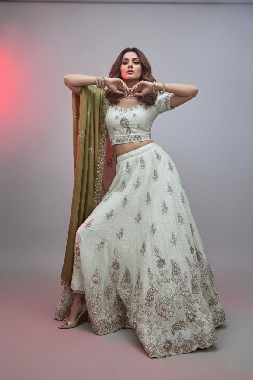 Ivory Embroidered Lehenga Choli with Mauve Silk Dupatta – Bridal & Festive Wear