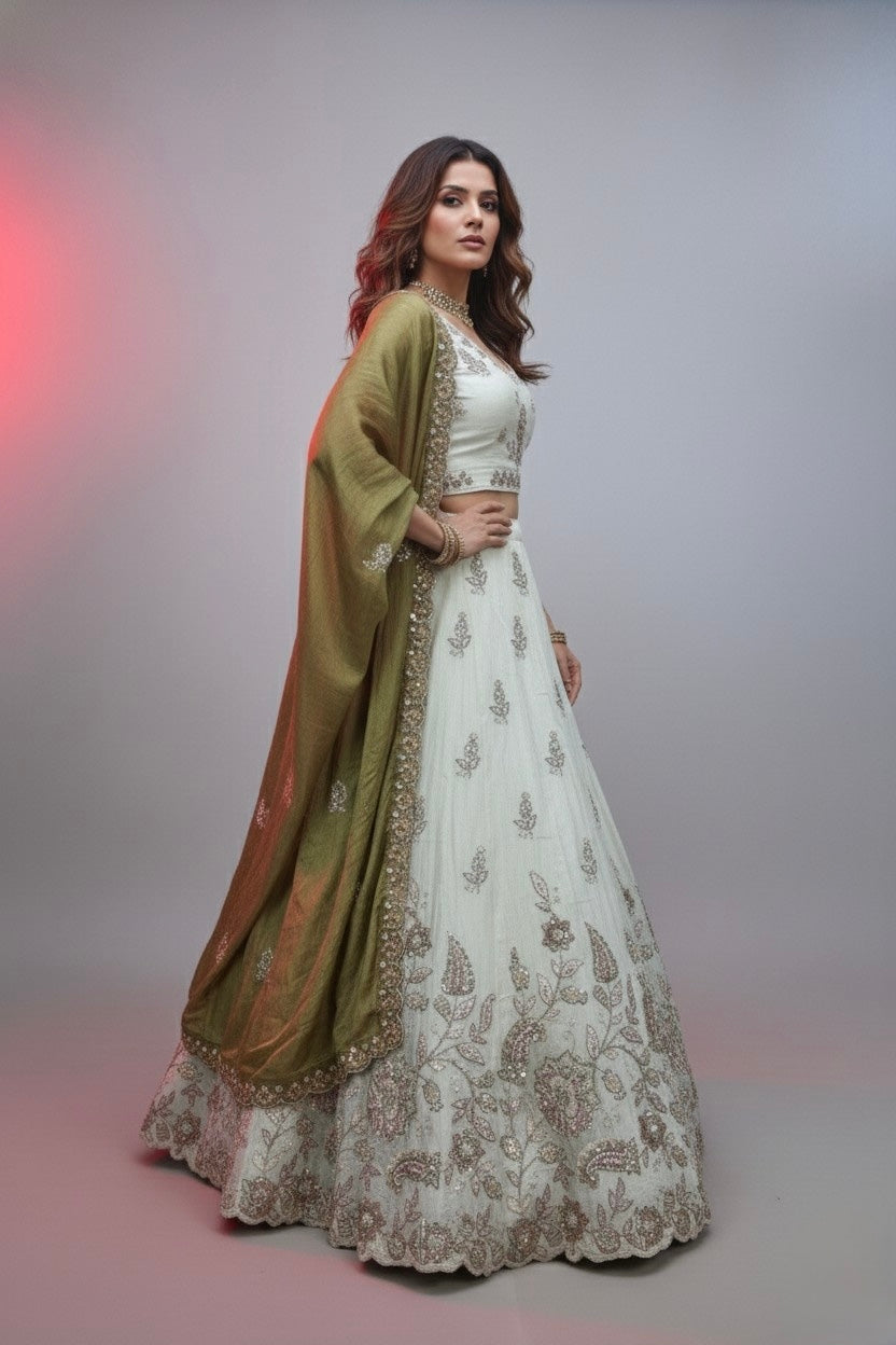 Ivory Embroidered Lehenga Choli with Mauve Silk Dupatta – Bridal & Festive Wear