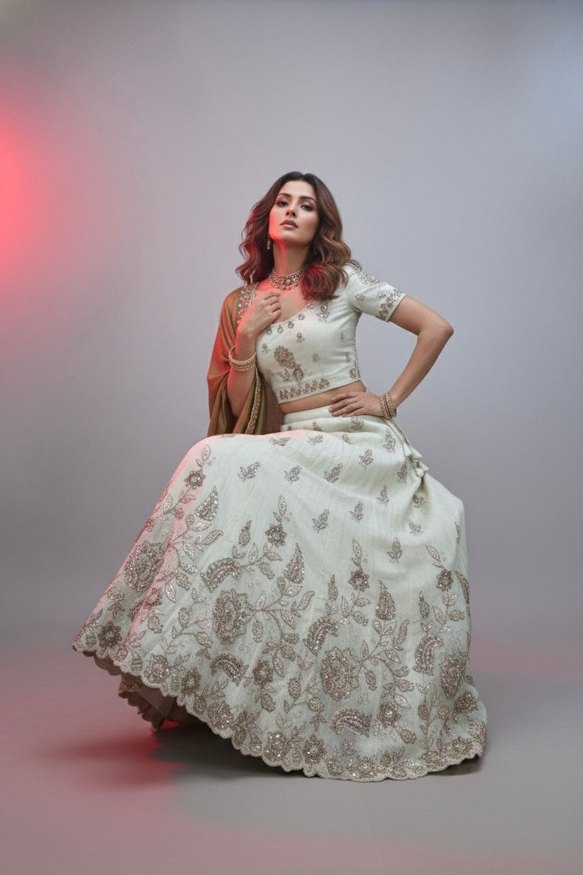 Ivory Embroidered Lehenga Choli with Mauve Silk Dupatta – Bridal & Festive Wear