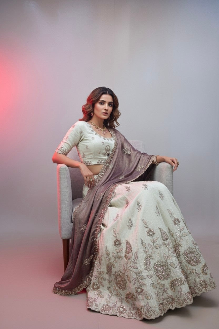 Ivory Embroidered Lehenga Choli with Mauve Silk Dupatta – Bridal & Festive Wear