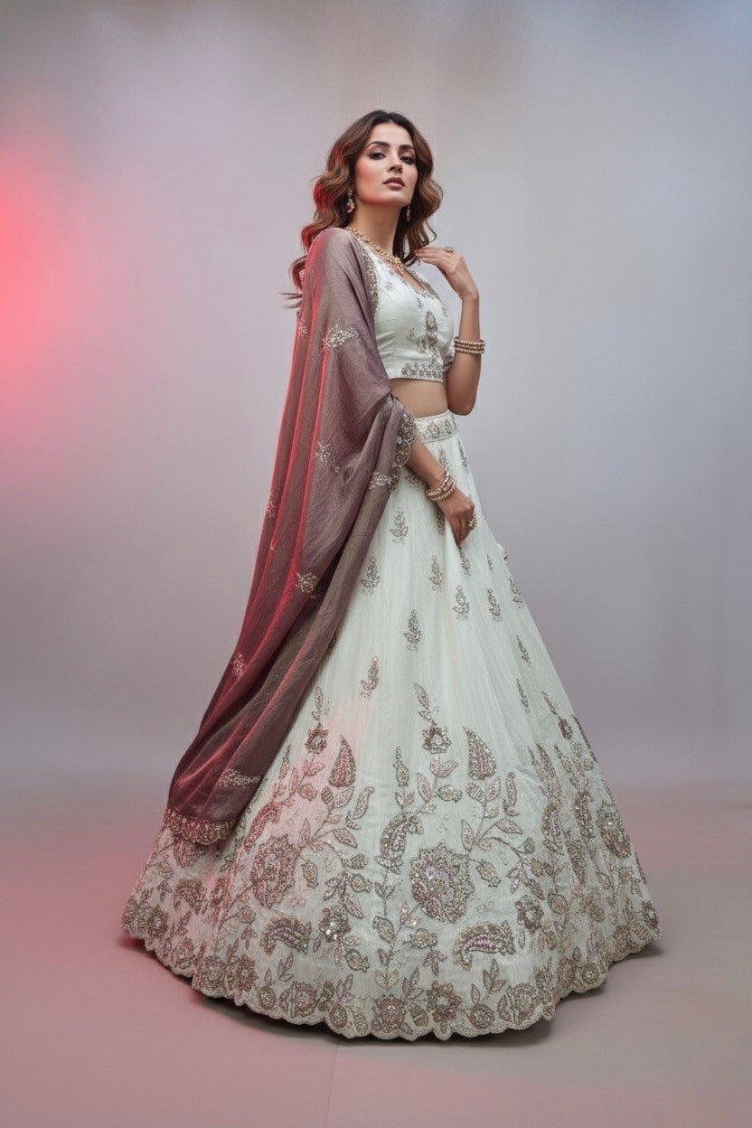 Ivory Embroidered Lehenga Choli with Mauve Silk Dupatta – Bridal & Festive Wear