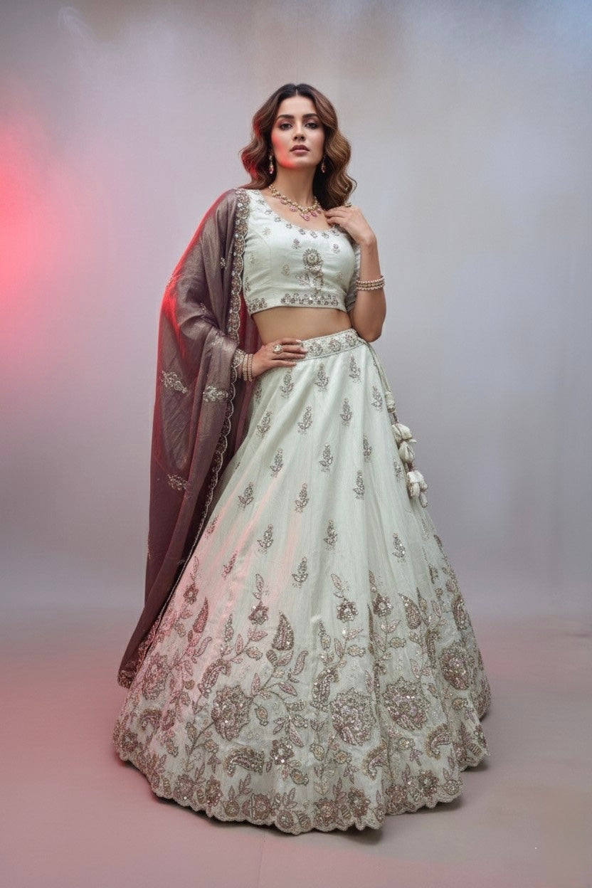 Ivory Embroidered Lehenga Choli with Mauve Silk Dupatta – Bridal & Festive Wear