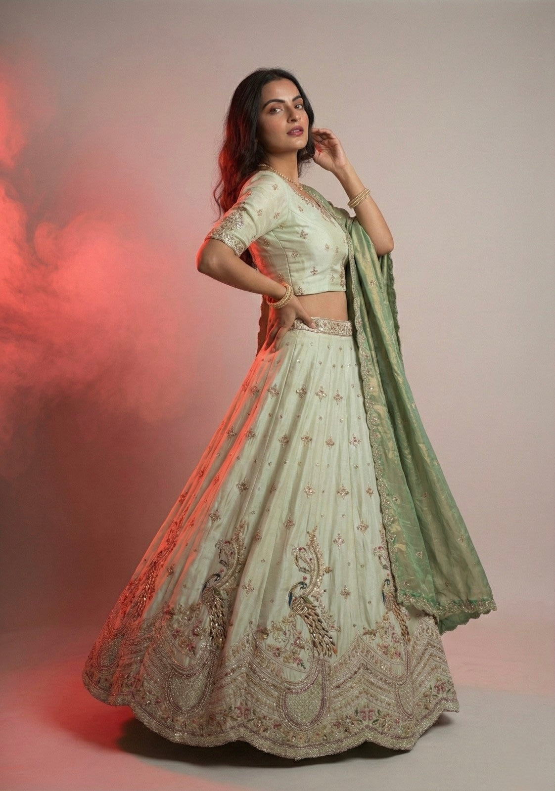 Ivory Gold Embroidered Lehenga Choli with Mustard Dupatta | Peacock Motif Bridal & Festive Wear