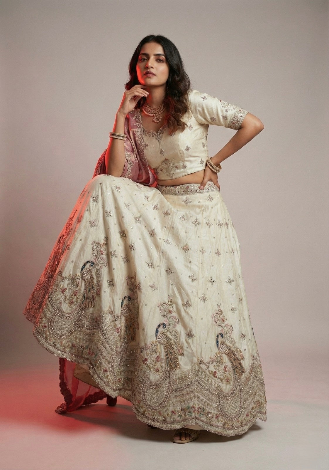 Blush Pink Viscose Silk Embroidered Lehenga Choli with Fendi Shimmer Dupatta – Wedding, Party & Festive Wear