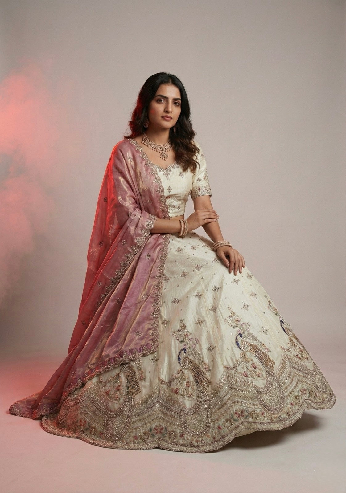 Ivory Gold Embroidered Lehenga Choli with Mustard Dupatta | Peacock Motif Bridal & Festive Wear