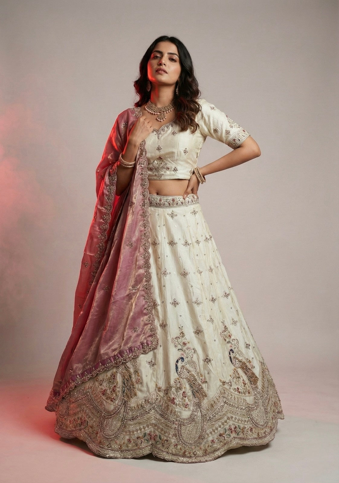Ivory Gold Embroidered Lehenga Choli with Mustard Dupatta | Peacock Motif Bridal & Festive Wear