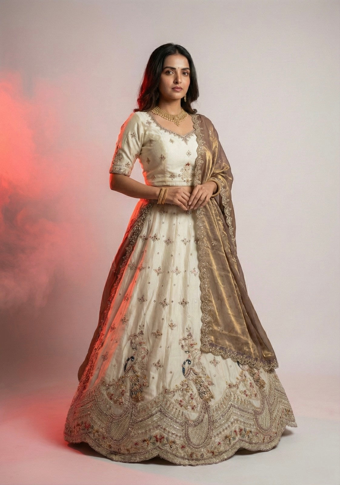 Ivory Gold Embroidered Lehenga Choli with Mustard Dupatta | Peacock Motif Bridal & Festive Wear