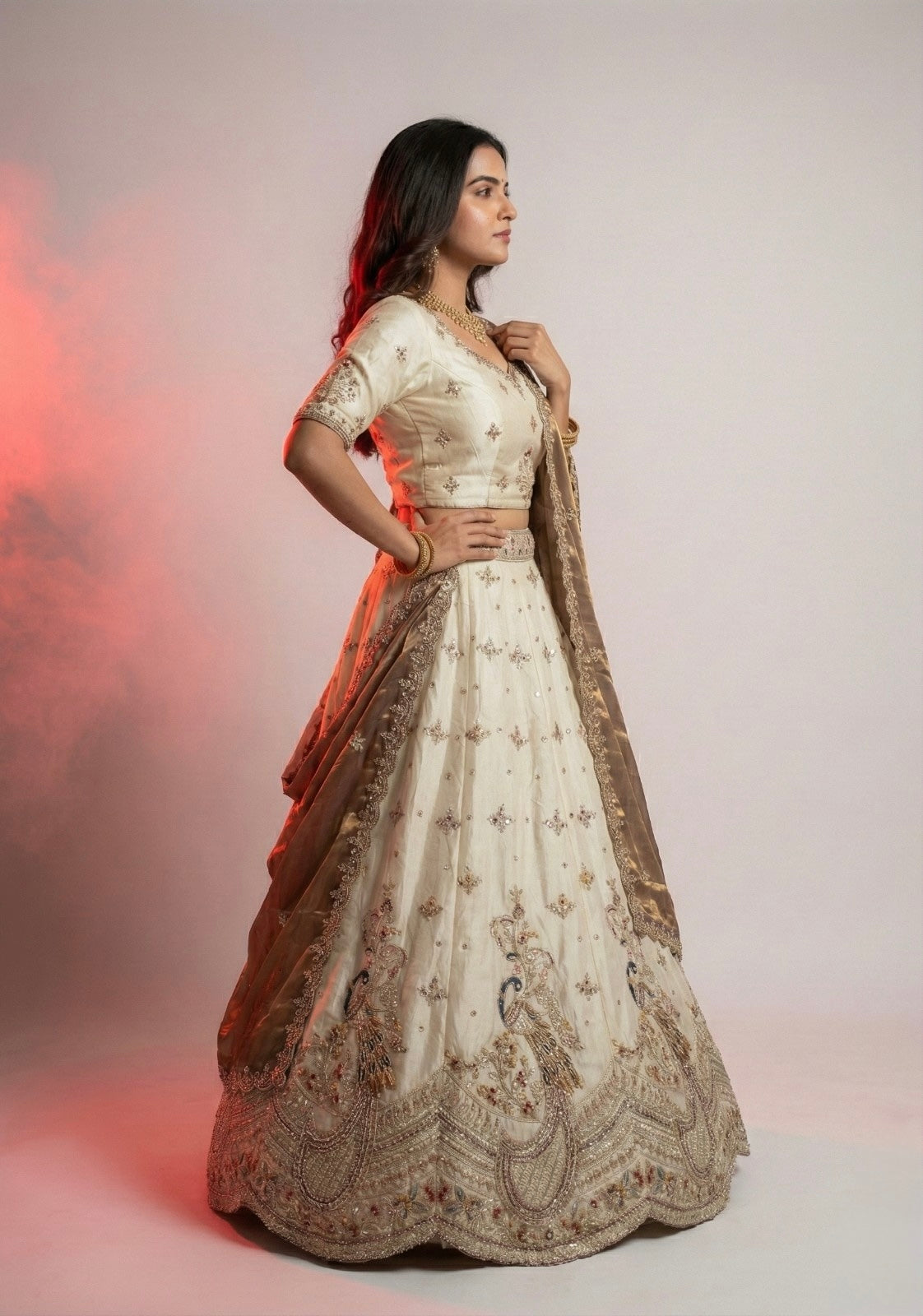 Ivory Gold Embroidered Lehenga Choli with Mustard Dupatta | Peacock Motif Bridal & Festive Wear