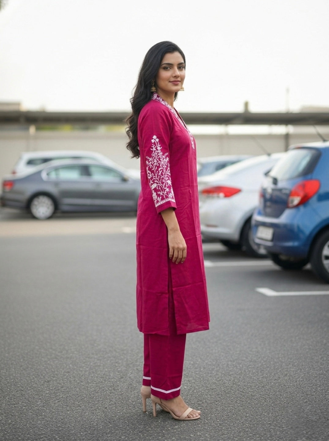 Women Pink Embroidered Kurta Pant Set | Elegant Straight Kurta with V-Neck | Ethnic Casual & Festive Wear 2 Piece Kurta Set