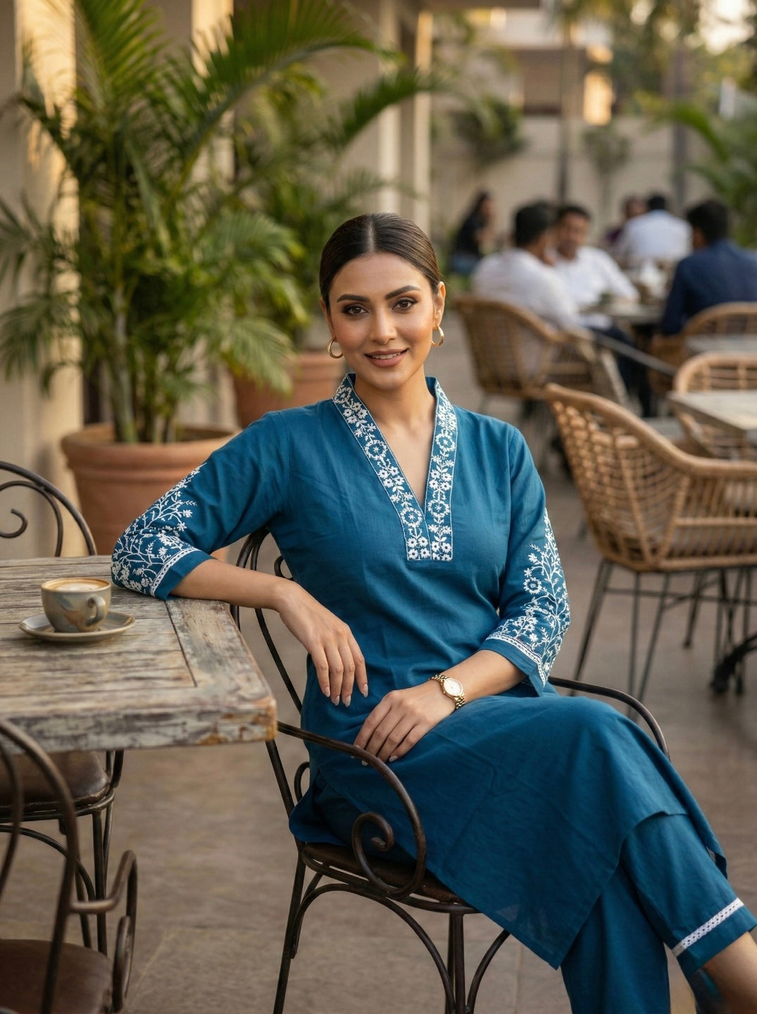 Women Blue Embroidered Kurta Pant Set | Elegant V-Neck Straight Kurta with 3/4 Sleeves | Stylish Ethnic Casual & Festive Wear 2 Piece Kurta Set