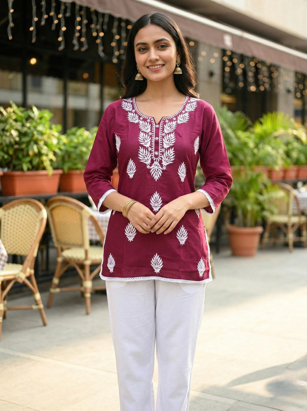Women Wine Ethnic Printed Short Kurti | Casual Daily Wear