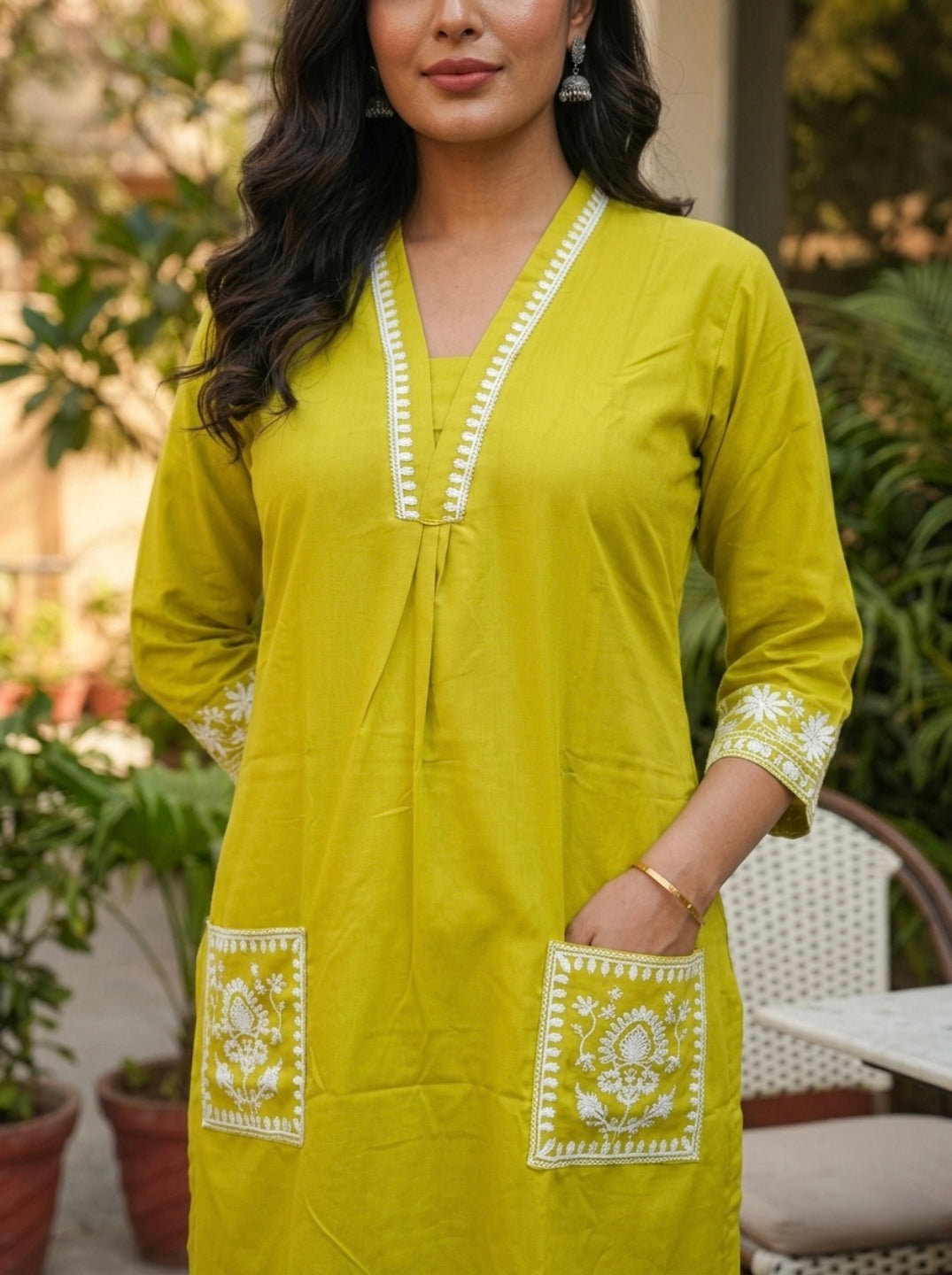 Women Yellow Embroidered Kurta Pant Set | Elegant V-Neck Straight Kurta with Pocket Design | Ethnic Casual & Festive Wear 2 Piece Kurta Set