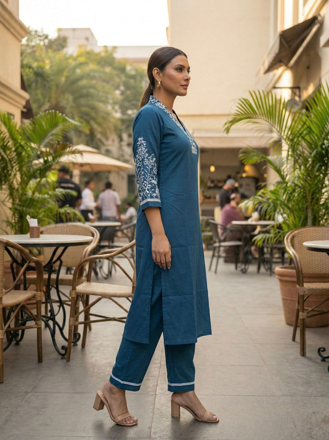 Women Blue Embroidered Kurta Pant Set | Elegant V-Neck Straight Kurta with 3/4 Sleeves | Stylish Ethnic Casual & Festive Wear 2 Piece Kurta Set
