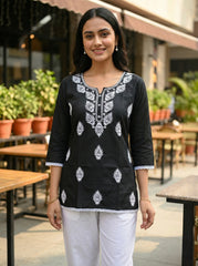 Stylish Black Embroidered Kurti for Women – traditional Ethnic Short Kurti