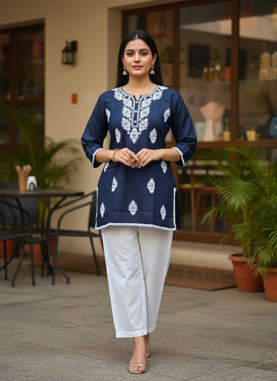 Elegant Navy Blue Printed Kurti for Women – Stylish Ethnic Short Kurti