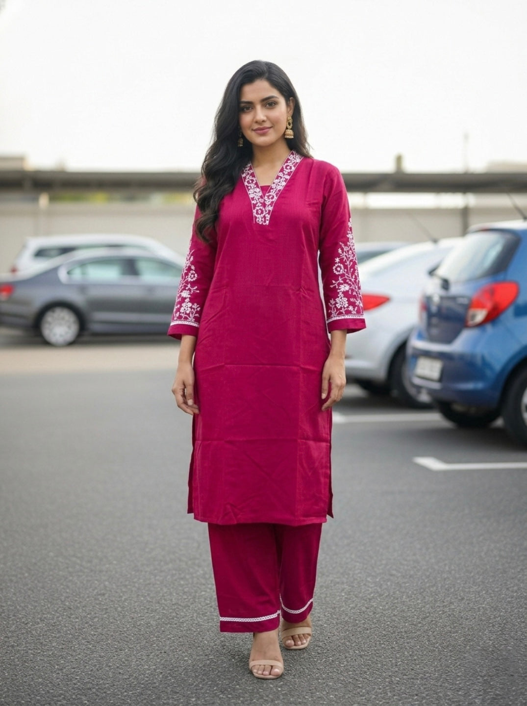 Women Pink Embroidered Kurta Pant Set | Elegant Straight Kurta with V-Neck | Ethnic Casual & Festive Wear 2 Piece Kurta Set