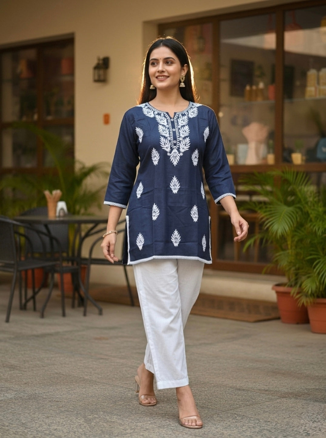 Elegant Navy Blue Printed Kurti for Women – Stylish Ethnic Short Kurti