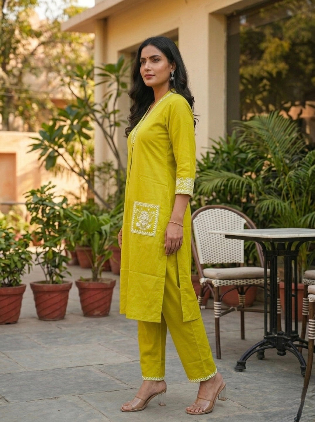 Women Yellow Embroidered Kurta Pant Set | Elegant V-Neck Straight Kurta with Pocket Design | Ethnic Casual & Festive Wear 2 Piece Kurta Set
