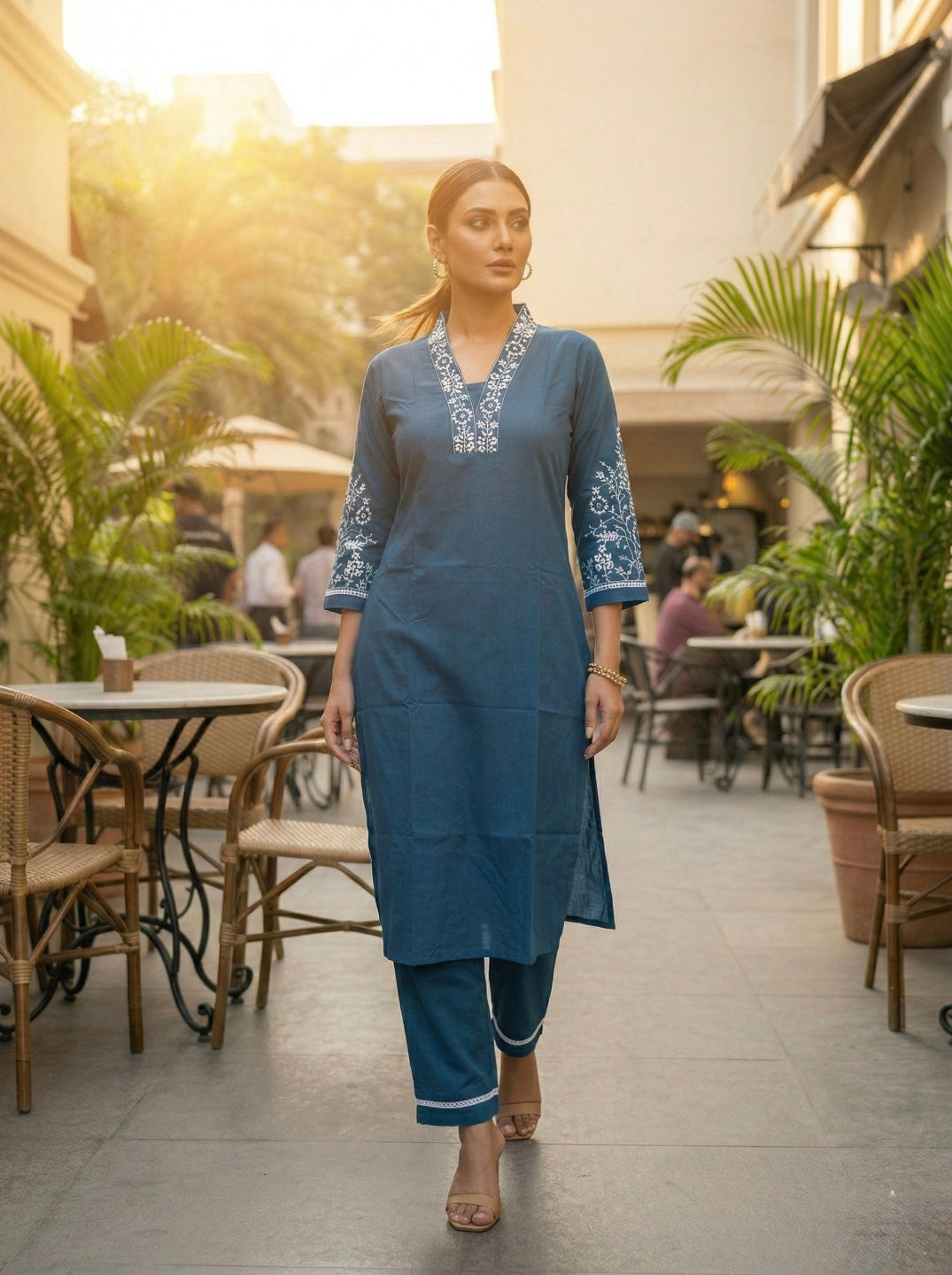 Women Blue Embroidered Kurta Pant Set | Elegant V-Neck Straight Kurta with 3/4 Sleeves | Stylish Ethnic Casual & Festive Wear 2 Piece Kurta Set