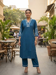 Women Blue Embroidered Kurta Pant Set | Elegant V-Neck Straight Kurta with 3/4 Sleeves | Stylish Ethnic Casual & Festive Wear 2 Piece Kurta Set