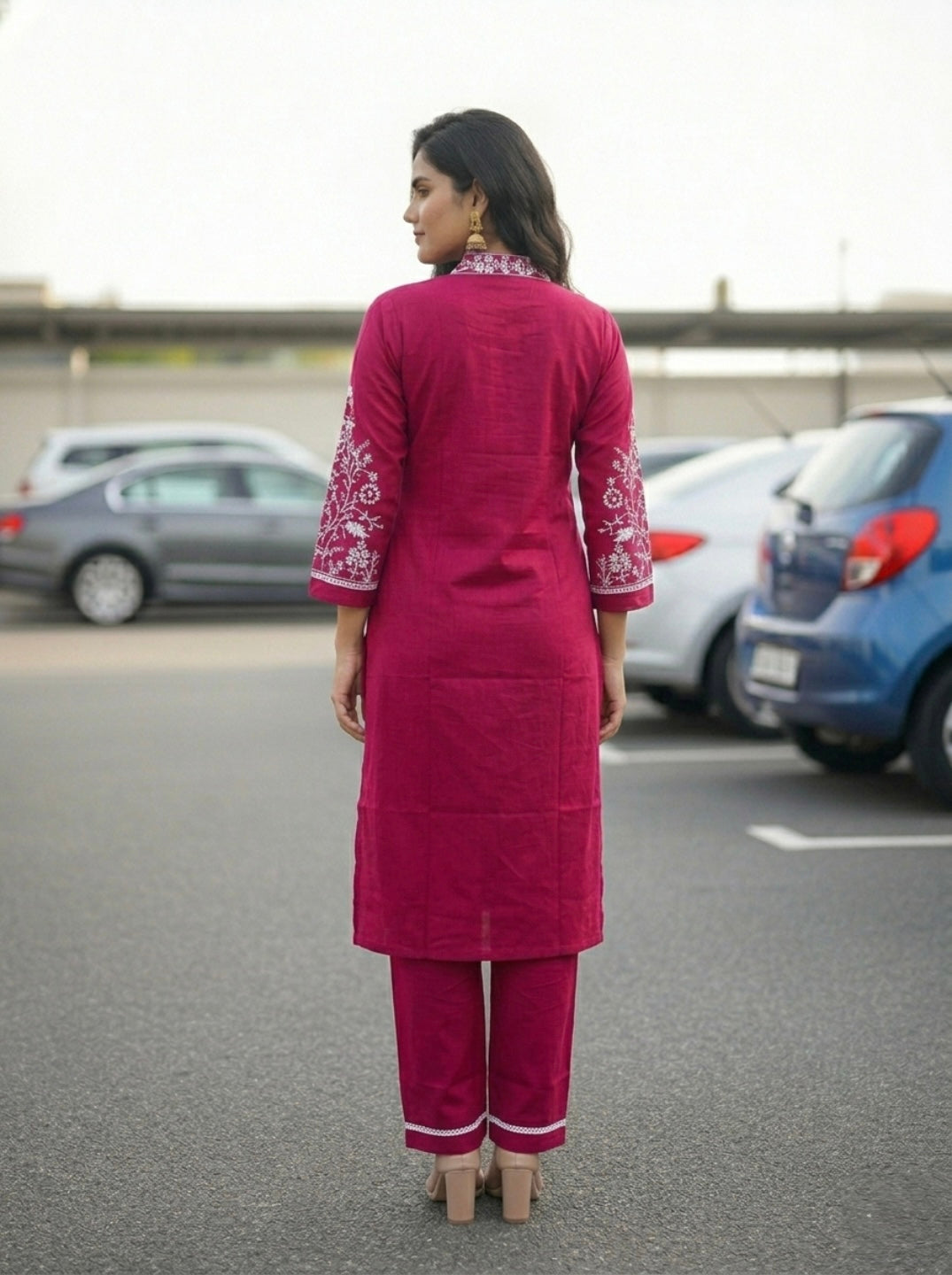 Women Pink Embroidered Kurta Pant Set | Elegant Straight Kurta with V-Neck | Ethnic Casual & Festive Wear 2 Piece Kurta Set