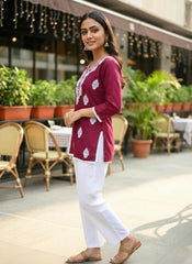 Women Wine Ethnic Printed Short Kurti | Casual Daily Wear