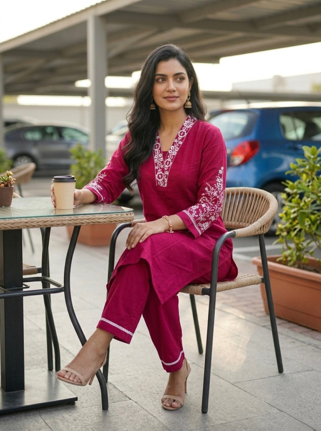 Women Pink Embroidered Kurta Pant Set | Elegant Straight Kurta with V-Neck | Ethnic Casual & Festive Wear 2 Piece Kurta Set