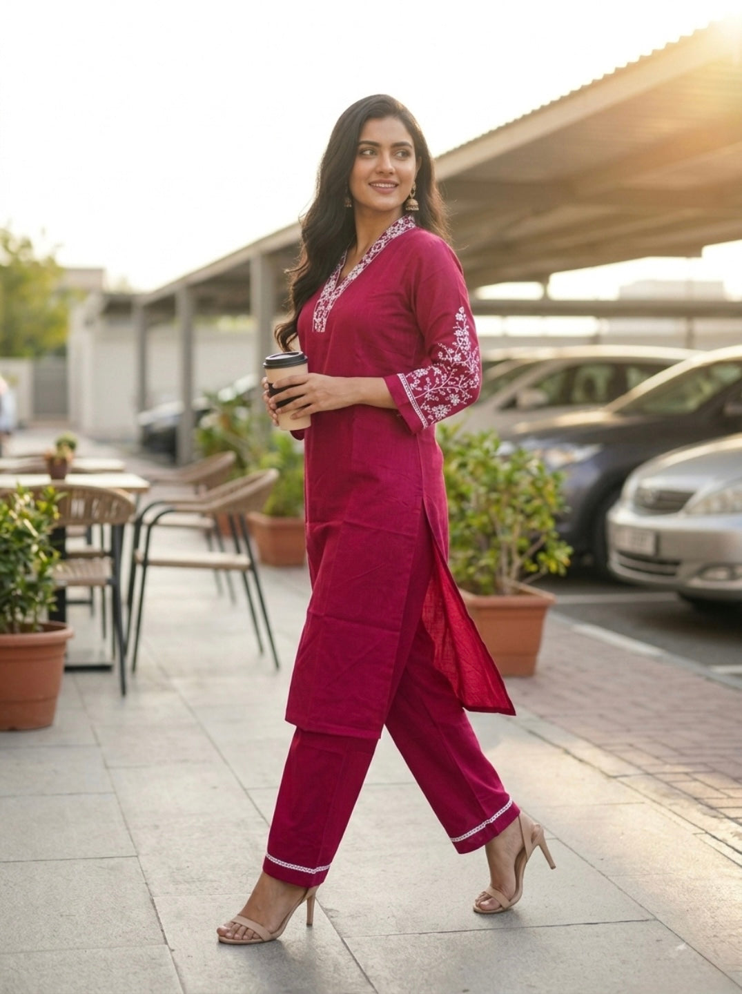Women Pink Embroidered Kurta Pant Set | Elegant Straight Kurta with V-Neck | Ethnic Casual & Festive Wear 2 Piece Kurta Set