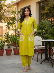 Women Yellow Embroidered Kurta Pant Set | Elegant V-Neck Straight Kurta with Pocket Design | Ethnic Casual & Festive Wear 2 Piece Kurta Set