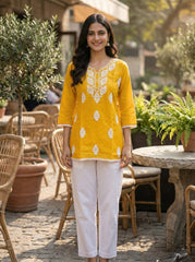 Stylish Mustard Printed Kurti for Women – Elegant Ethnic Short Kurti