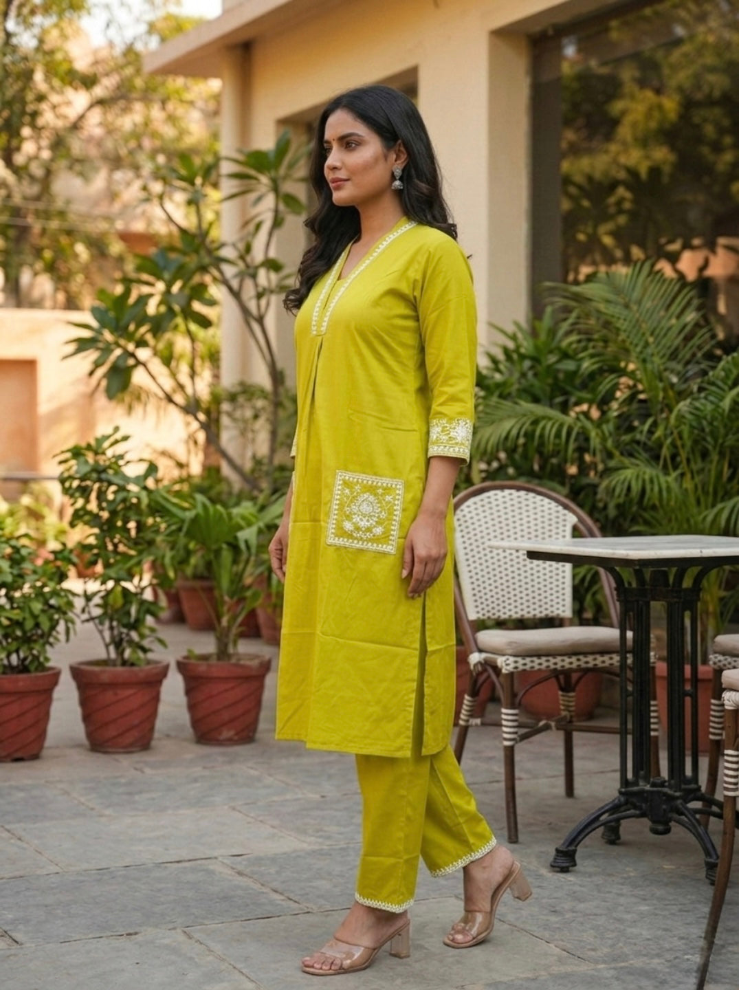 Women Yellow Embroidered Kurta Pant Set | Elegant V-Neck Straight Kurta with Pocket Design | Ethnic Casual & Festive Wear 2 Piece Kurta Set