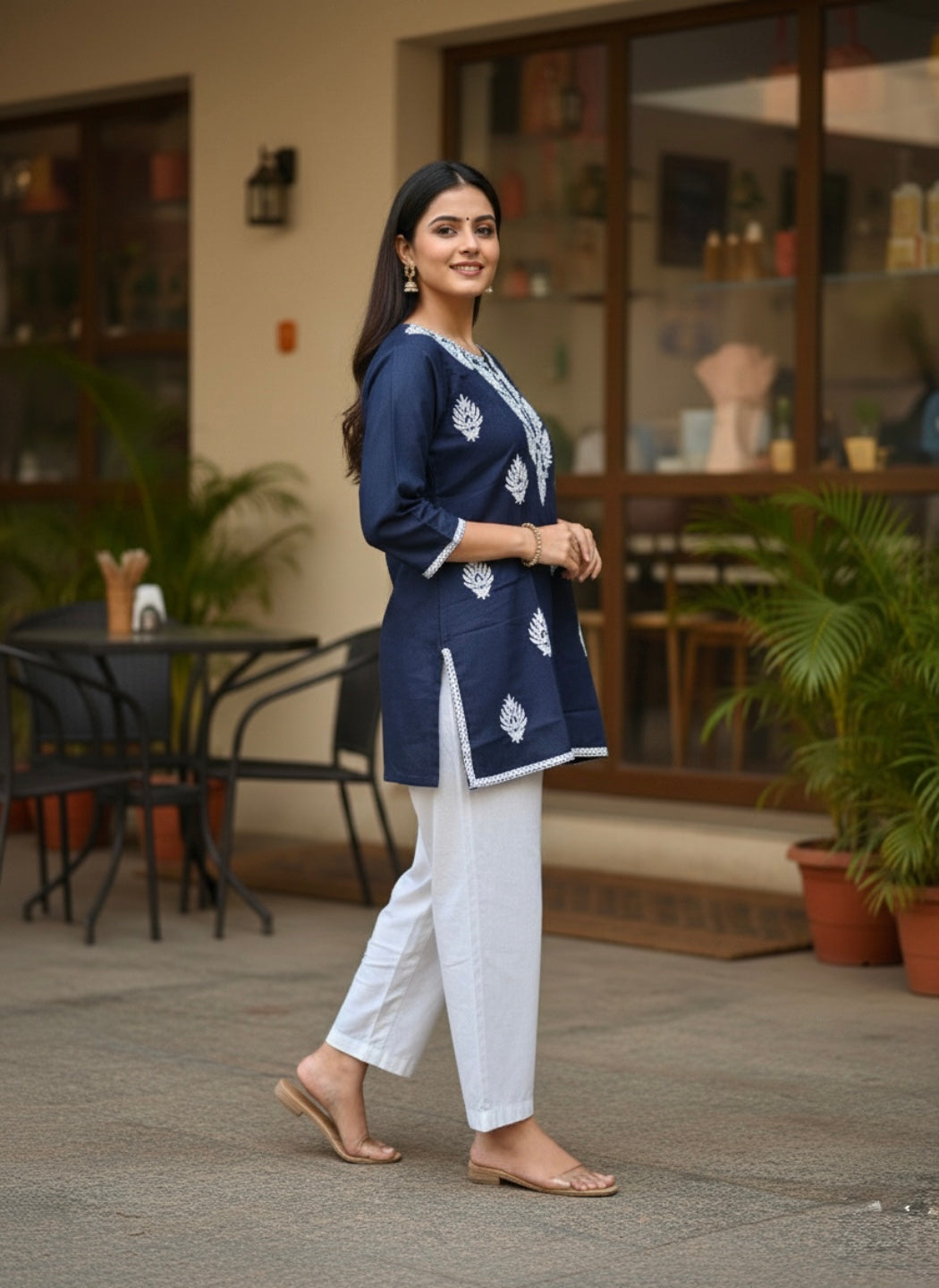 Elegant Navy Blue Printed Kurti for Women – Stylish Ethnic Short Kurti