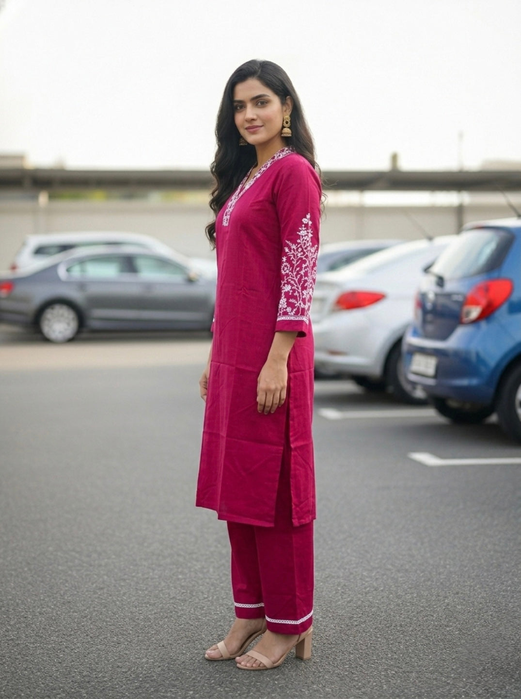 Women Pink Embroidered Kurta Pant Set | Elegant Straight Kurta with V-Neck | Ethnic Casual & Festive Wear 2 Piece Kurta Set