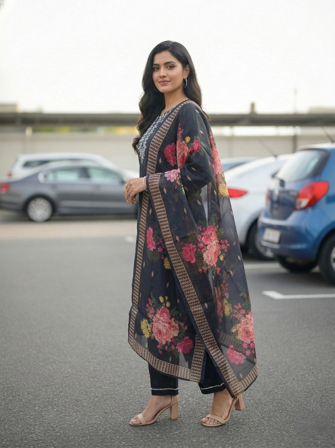 Women's Elegant Black Embroidered Kurta Set with Floral Chanderi Dupatta – Party & Festive Wear