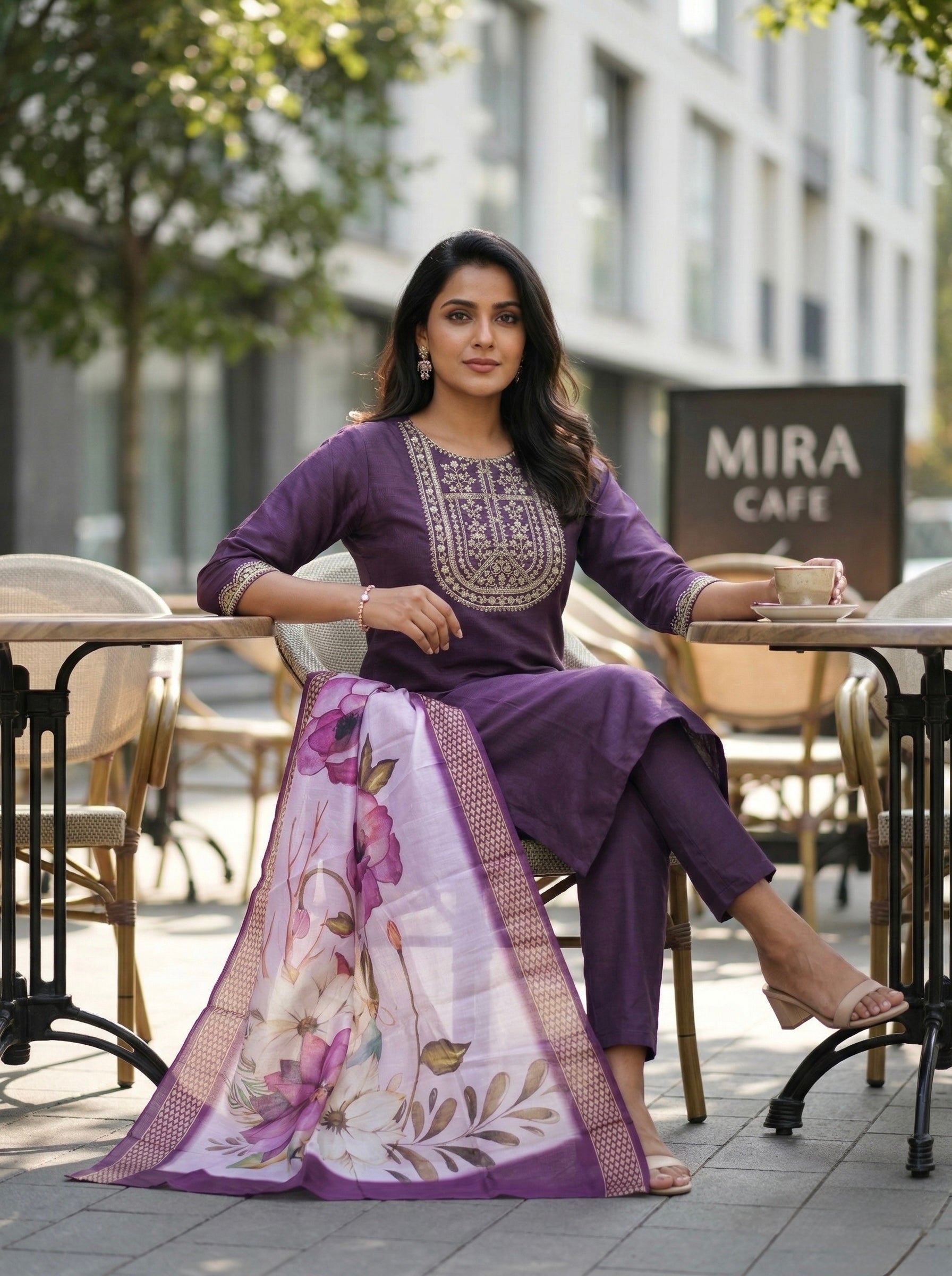 Women's Lavender Embroidered Kurta Set with Floral Chanderi Dupatta – Elegant Ethnic Wear